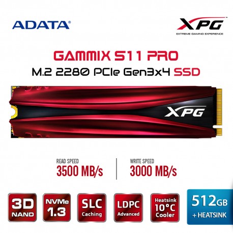 Adata XPG SSD 512GB Gammix S11 Pro PCIe Gen3x4 M.2 2280 Heatsink