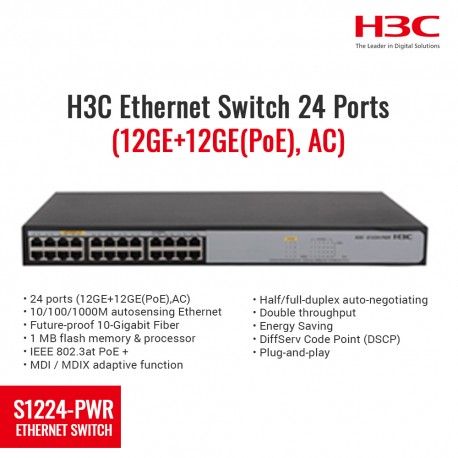 H3C S1224-PWR Ethernet Switch 24 Port (12GE + 12GE (PoE), AC)