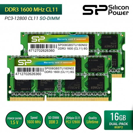 Silicon Power DDR3 1600MHz CL11 PC3-12800 SO-DIMM RAM Laptop - 16GB