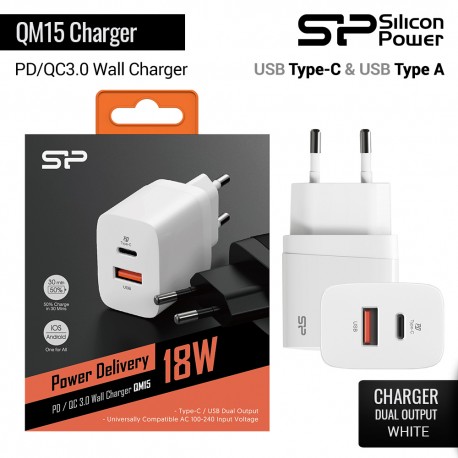 Silicon Power Wall Charger QM15 18W USB QC3.0 + USB Type-C - Putih