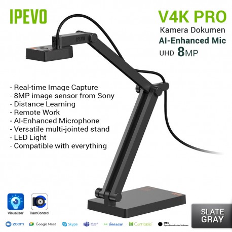 IPEVO V4K PRO UHD USB Kamera Dokumen dengan AI-Enhanced Mic - Abu-abu