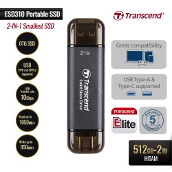 Transcend ESD310C SSD Eksternal Dual USB Type-A dan Type-C 1TB Hitam