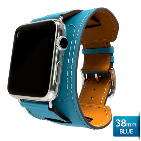 OptimuZ Premium Leather Cuff Bracelets Watch Band Strap for Apple Watch - 38mm Blue